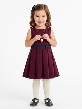Janie and Jack Burgundy Pleated Dress with Navy Bow Belt